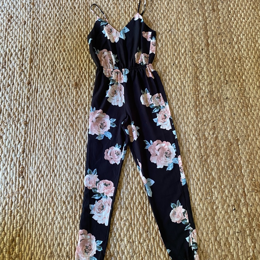 Forever 21 Black Floral Jumpsuit with Pink Roses